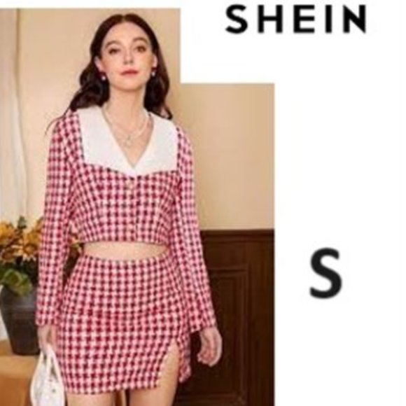 SHEIN MOD HOUNDSTOOTH PRINT CONTRAST COLLAR JACKET & SPLIT HEM SKIRT Suit - Picture 1 of 5